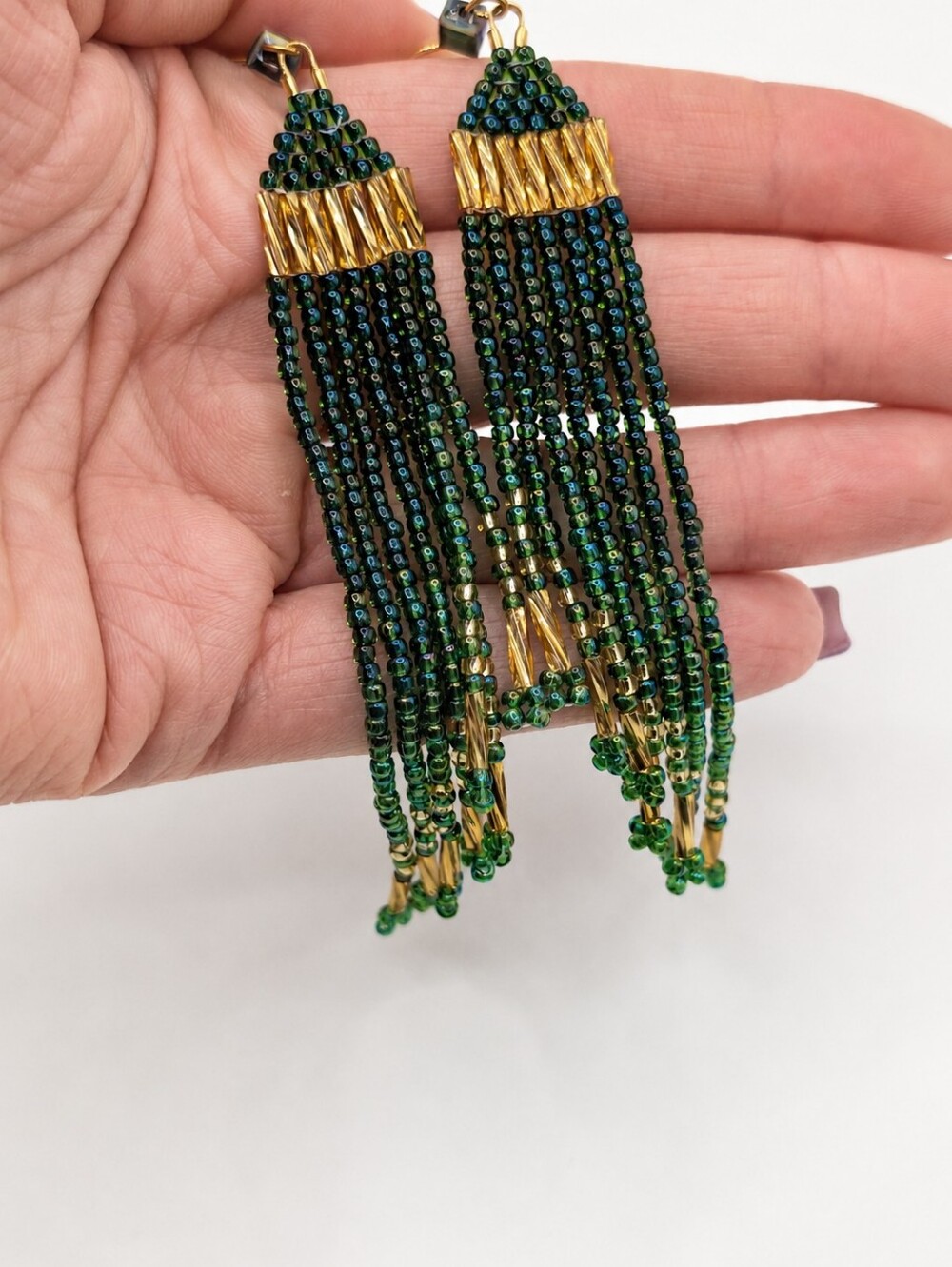 Hand Crafted Green and Gold Beaded Fringe Earrings